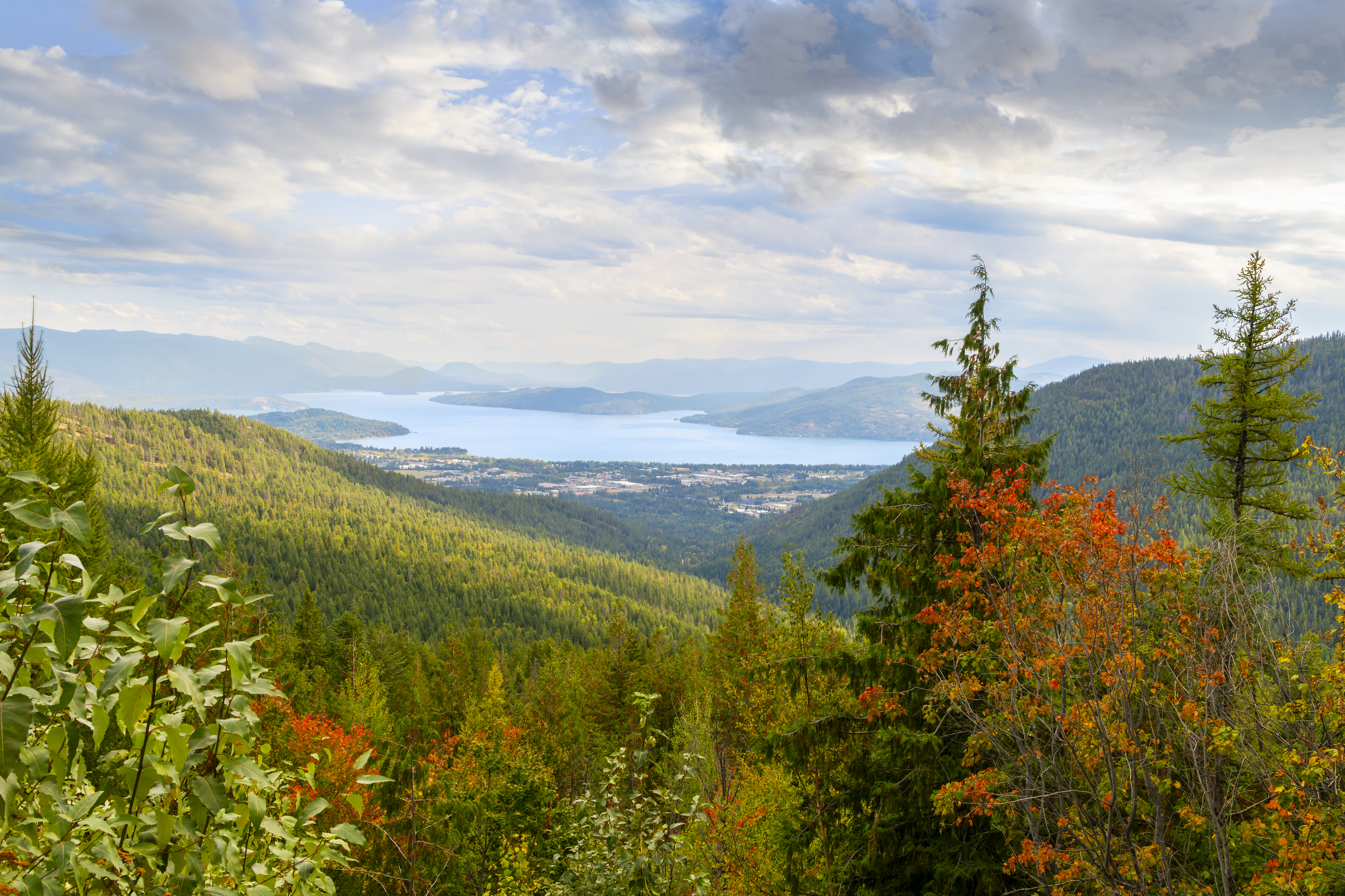 View from Schweitzer Mountain and resort of the towns of Kootenai, Ponderay and Sandpoint, Idaho, along the shores of Lake Pend Oreille